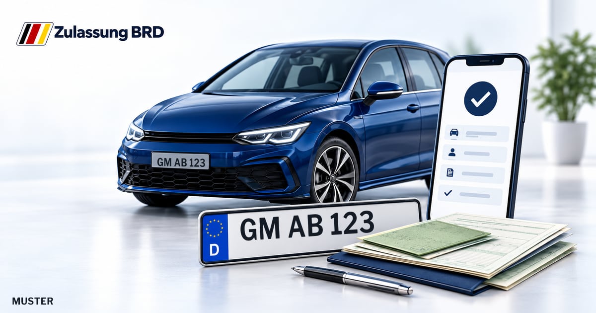 Online Fahrzeugzulassung in Engelskirchen: Musterkennzeichen GM AB 123, Auto und Fahrzeugpapiere und Smartphone. Illustration mit Logo von Zulassung BRD.
